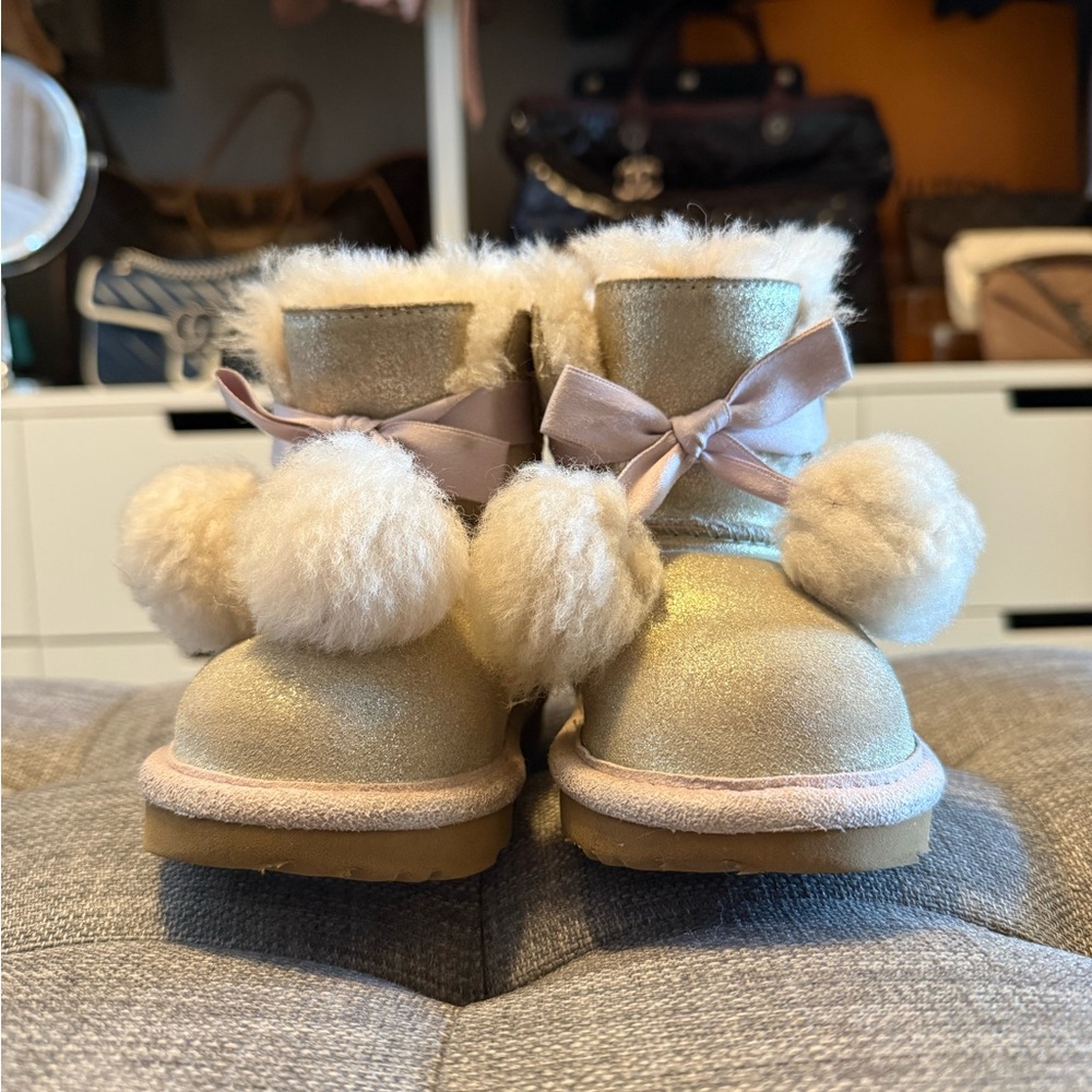 Cozy Gold Kids Boots with Fluffy Pom Poms